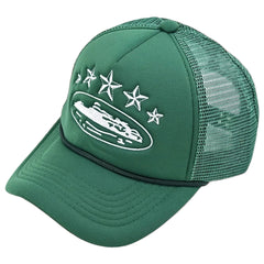 Corteiz Vintage Green Trucker Hat with White Stars and Cruise Ship Graphic