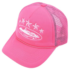 Corteiz Vintage Hot Pink Trucker Hat with White Stars and Cruise Ship Graphic