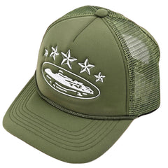 Corteiz Vintage Olive Green Trucker Hat with White Stars and Cruise Ship Graphic