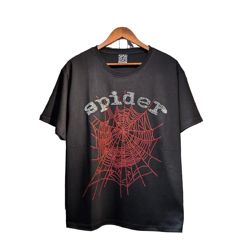 Sp5der European and American high street hip-hop trend brand unisex creative print summer loose cotton short sleeved T-shirt fog (29)