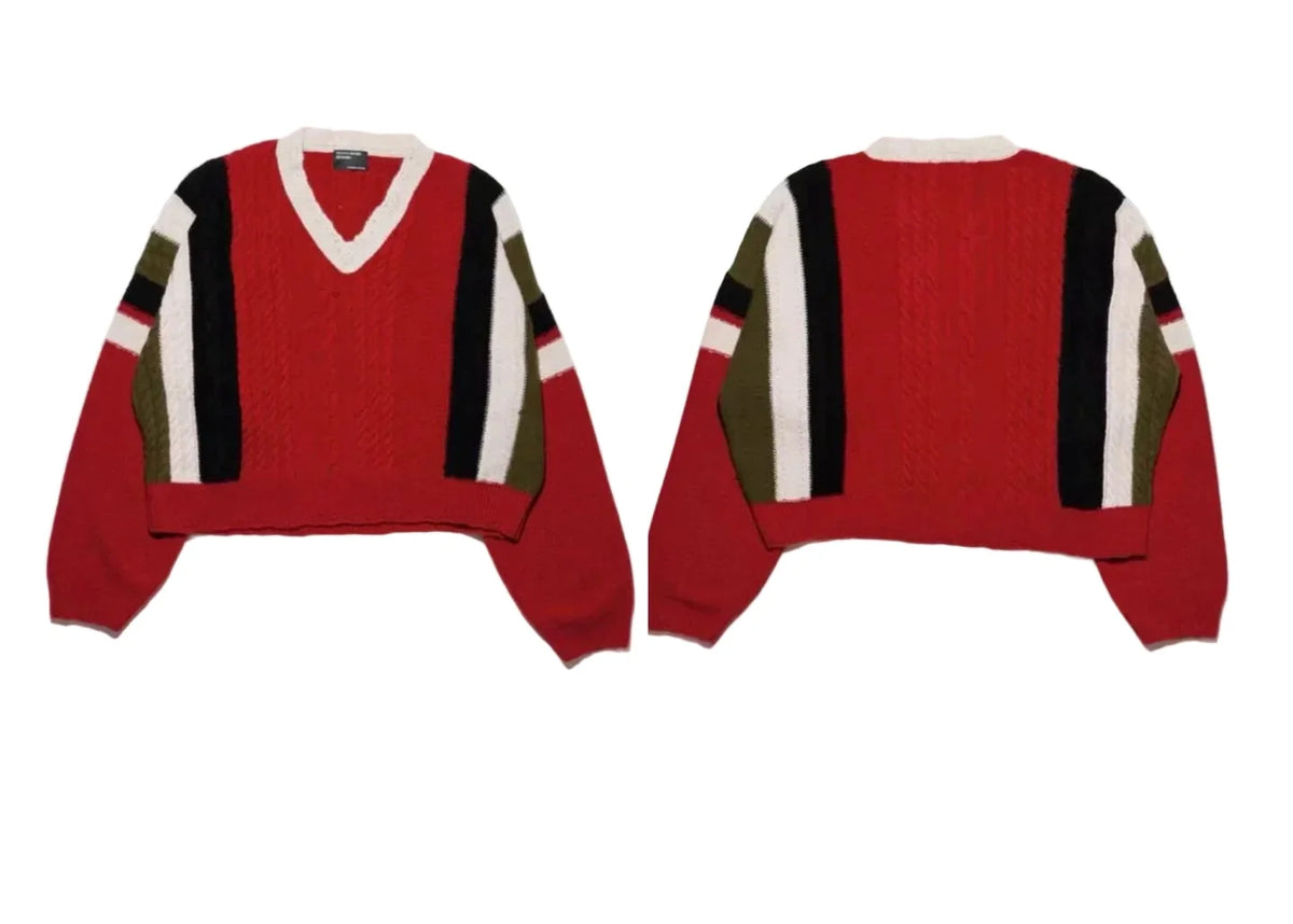 ERD Color-Block Stripe V-Neck Cropped Sweater - Red/Black/Olive/Cream