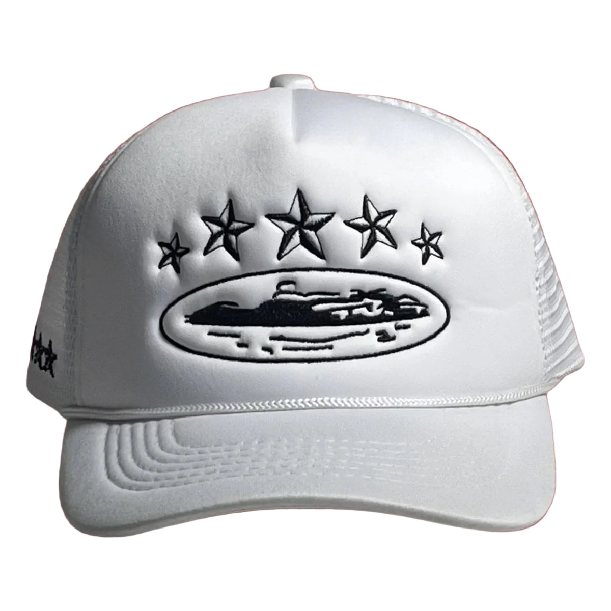 Corteiz Vintage White Trucker Hat with Black Stars and Cruise Ship Graphic