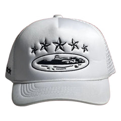 Corteiz Vintage White Trucker Hat with Black Stars and Cruise Ship Graphic