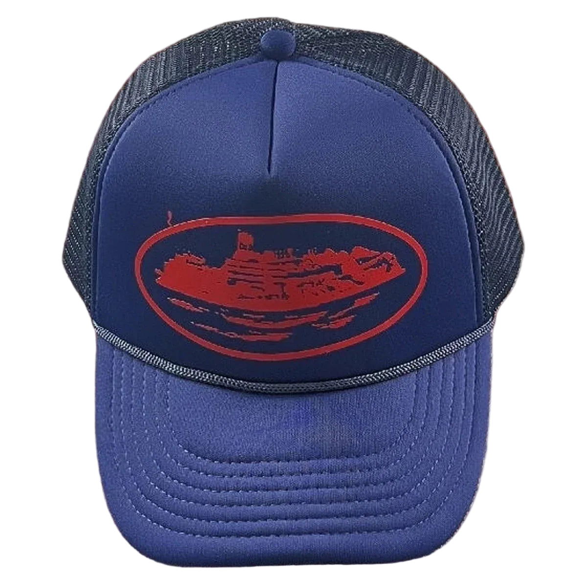 Vintage Blue Trucker Hat with Red Cruise Ship Graphic