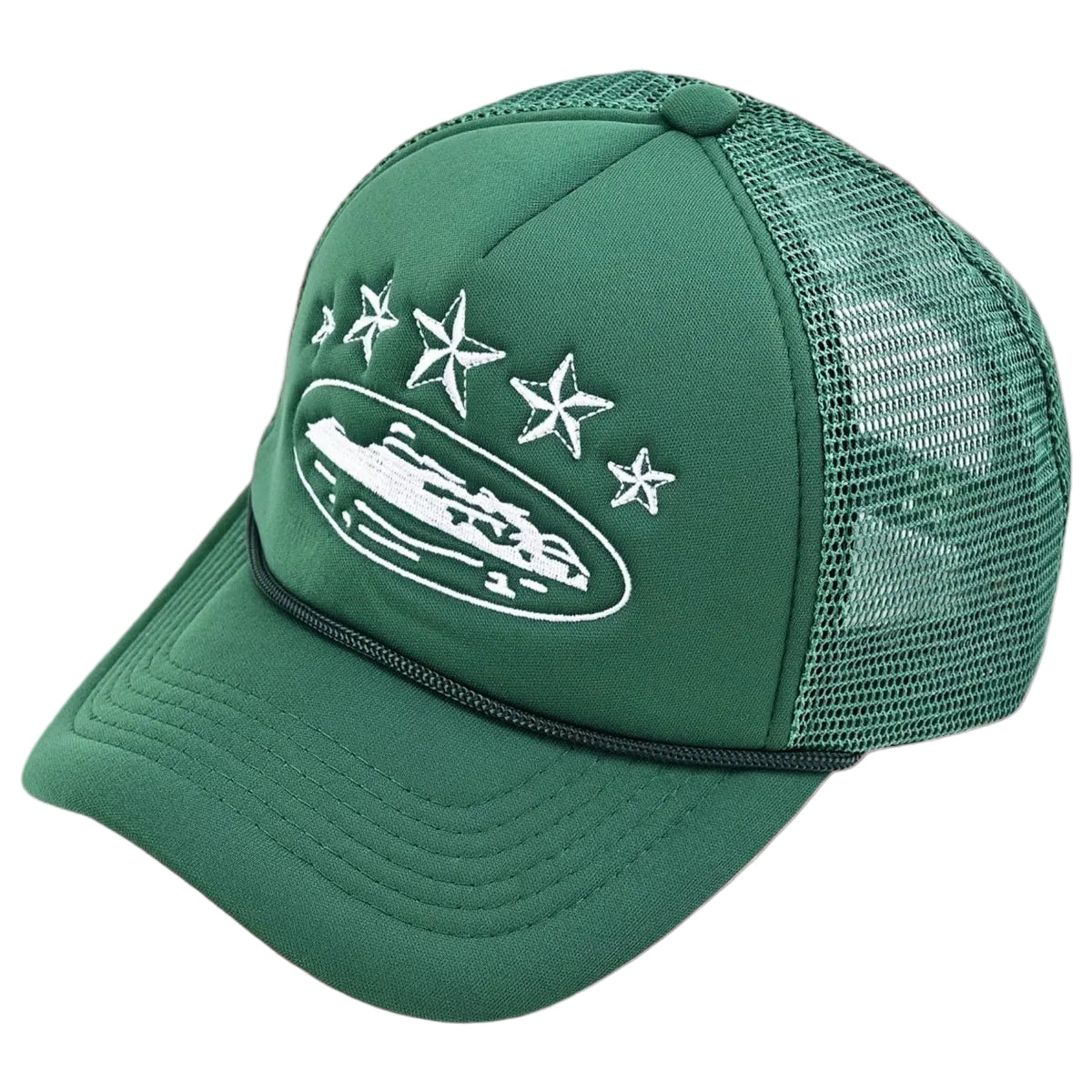 Corteiz Vintage Green Trucker Hat with White Stars and Cruise Ship Graphic