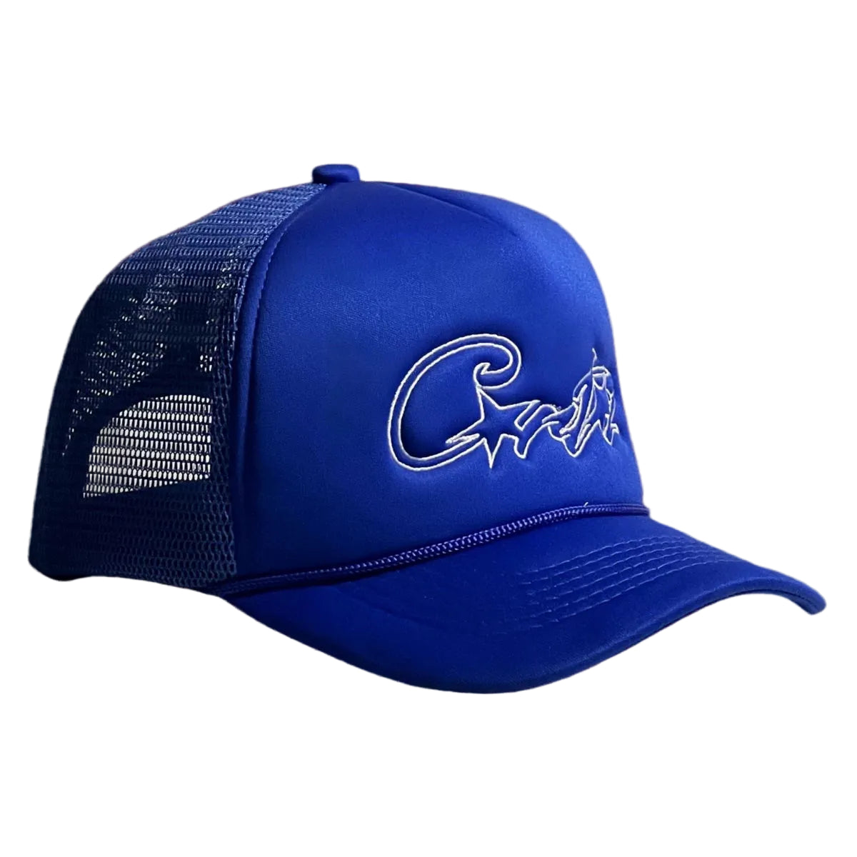 Corteiz Vintage Royal Blue Trucker Hat with White Signature Script and Star Graphic