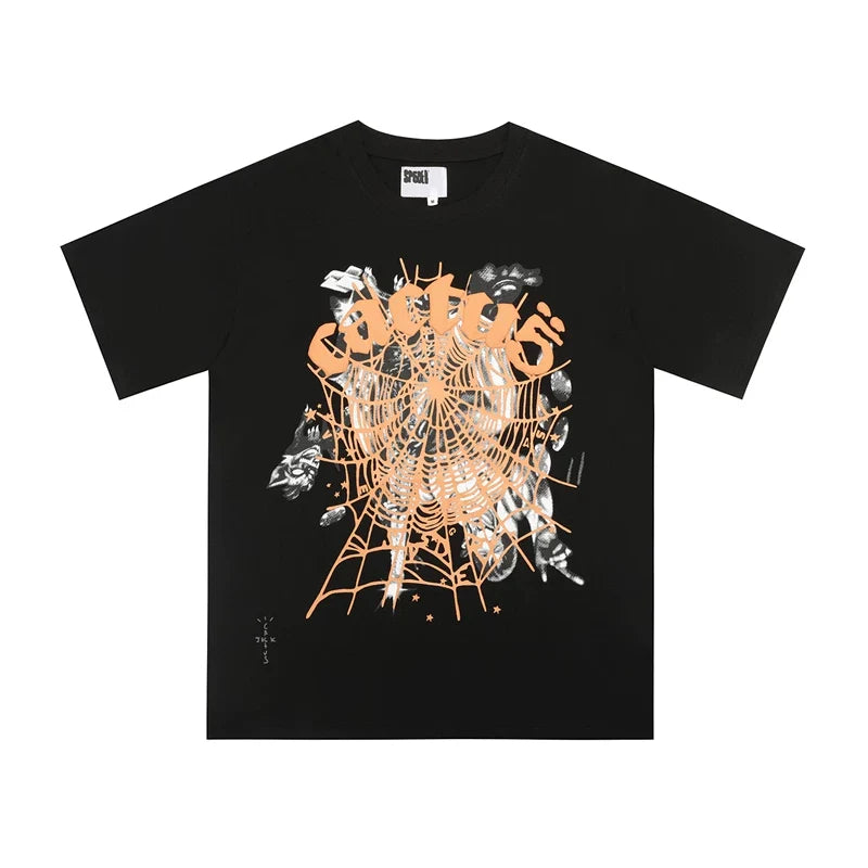 Sp5der European and American high street hip-hop trend brand unisex creative print summer loose cotton short sleeved T-shirt fog (37)