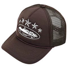 Corteiz Vintage Brown Trucker Hat with White Stars and Cruise Ship Graphic