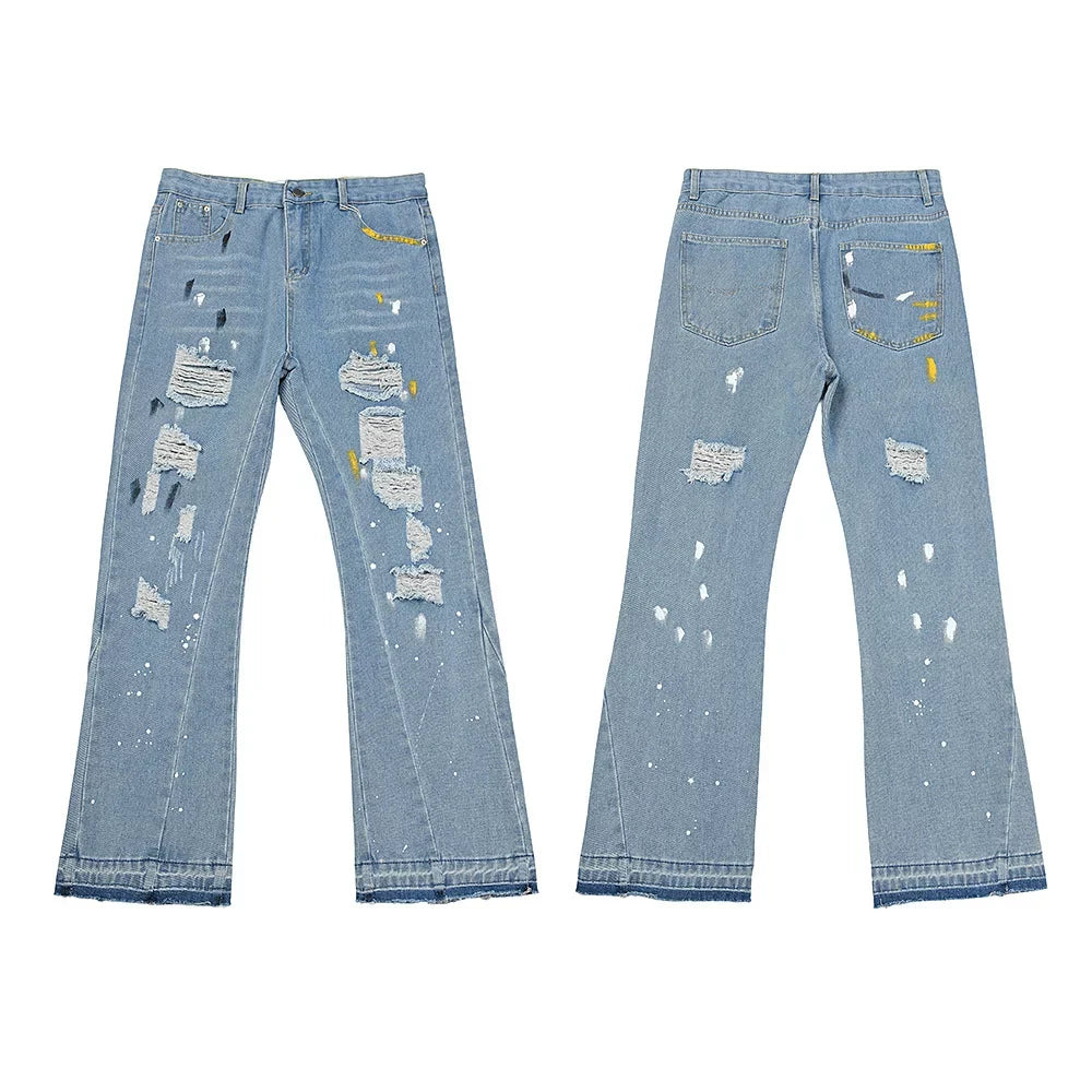 Gallery Dept Multi‑Ripped Paint‑Speck Flare Jeans