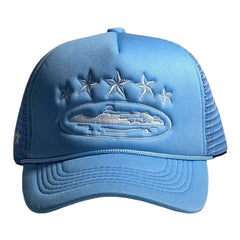 Corteiz Vintage Light Blue Trucker Hat with White Stars and Cruise Ship Graphic