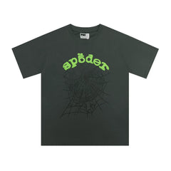 Sp5der European and American high street hip-hop trend brand unisex creative print summer loose cotton short sleeved T-shirt fog (43)