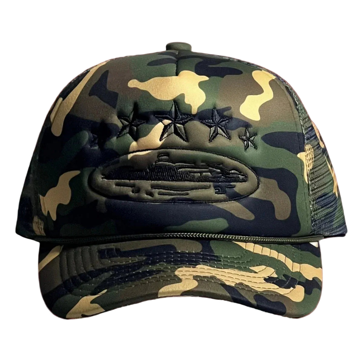 Corteiz Vintage Camo Trucker Hat with Tonal Stars and Cruise Ship Graphic