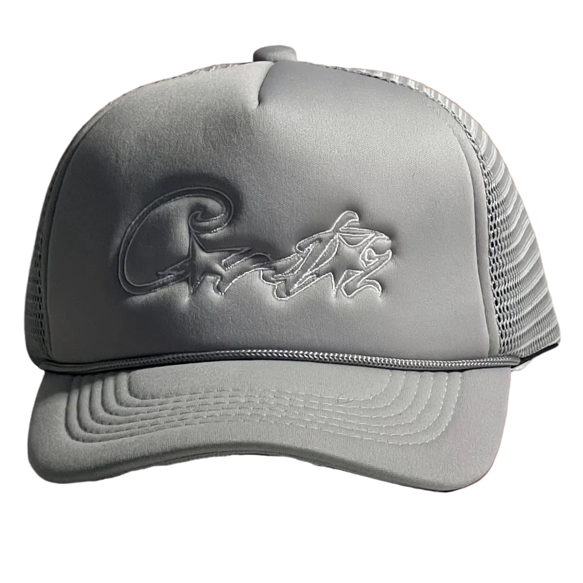 Corteiz Vintage Grey Trucker Hat with Tonal Script and Star Graphic