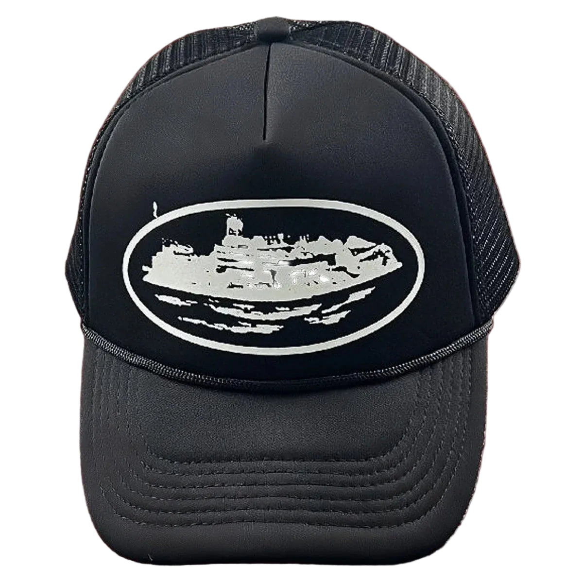 Cortiez Bold White Oval Ship Logo Trucker Hat - Black