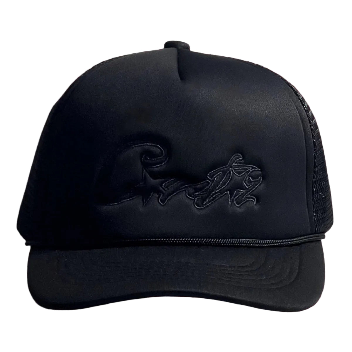 Corteiz Vintage All-Black Trucker Hat with Tonal Script and Star Graphic