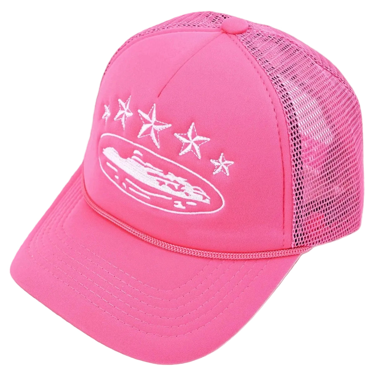 Corteiz Vintage Hot Pink Trucker Hat with White Stars and Cruise Ship Graphic