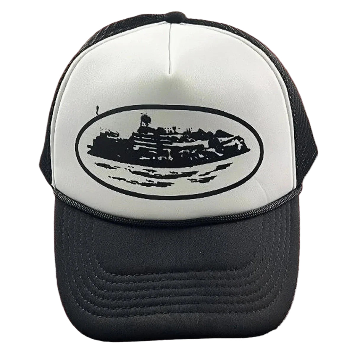 Cortiez Bold Black Oval Ship Logo Trucker Hat - White