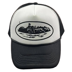 Cortiez Bold Black Oval Ship Logo Trucker Hat - White