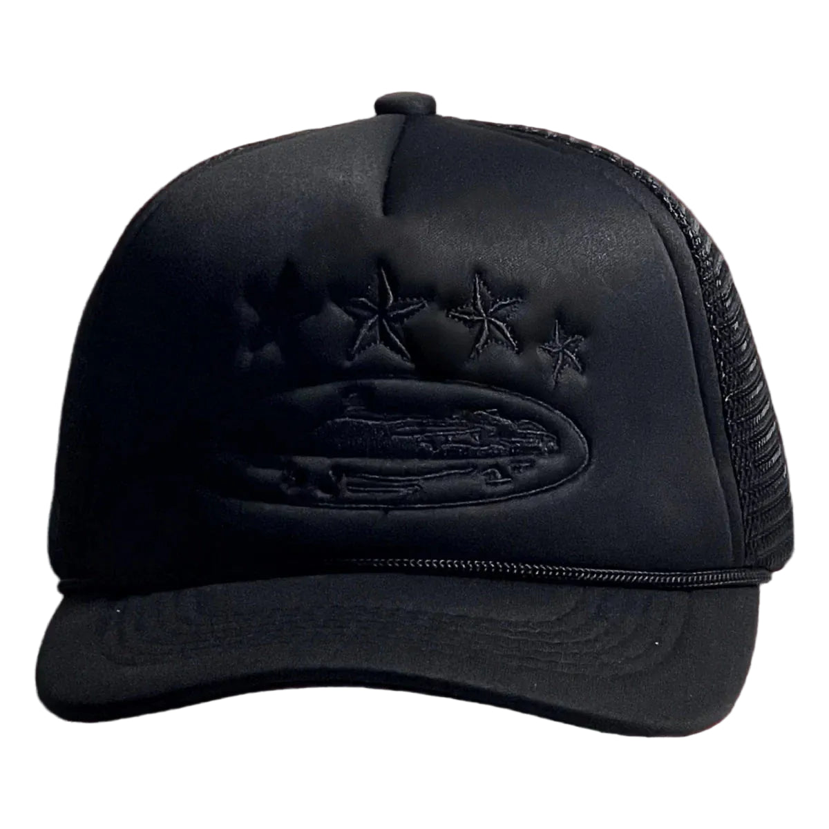 All-Black Vintage Trucker Hat with Tonal Stars and Cruise Ship Graphic