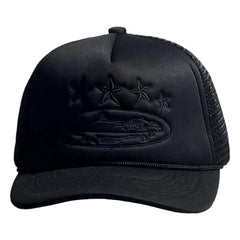 All-Black Vintage Trucker Hat with Tonal Stars and Cruise Ship Graphic