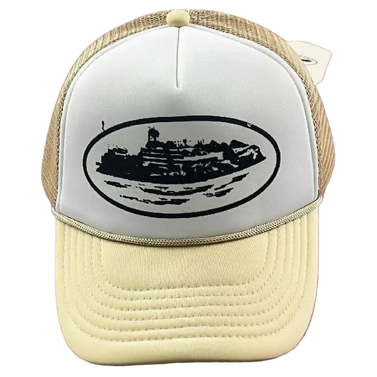 Corteiz Vintage Cream and White Trucker Hat with Oval Cruise Ship Graphic