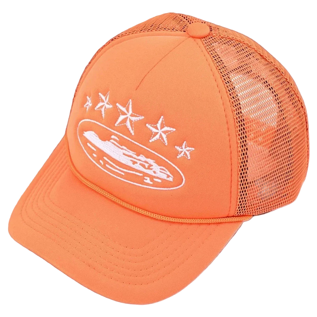 Corteiz Vintage Orange Trucker Hat with White Stars and Cruise Ship Graphic