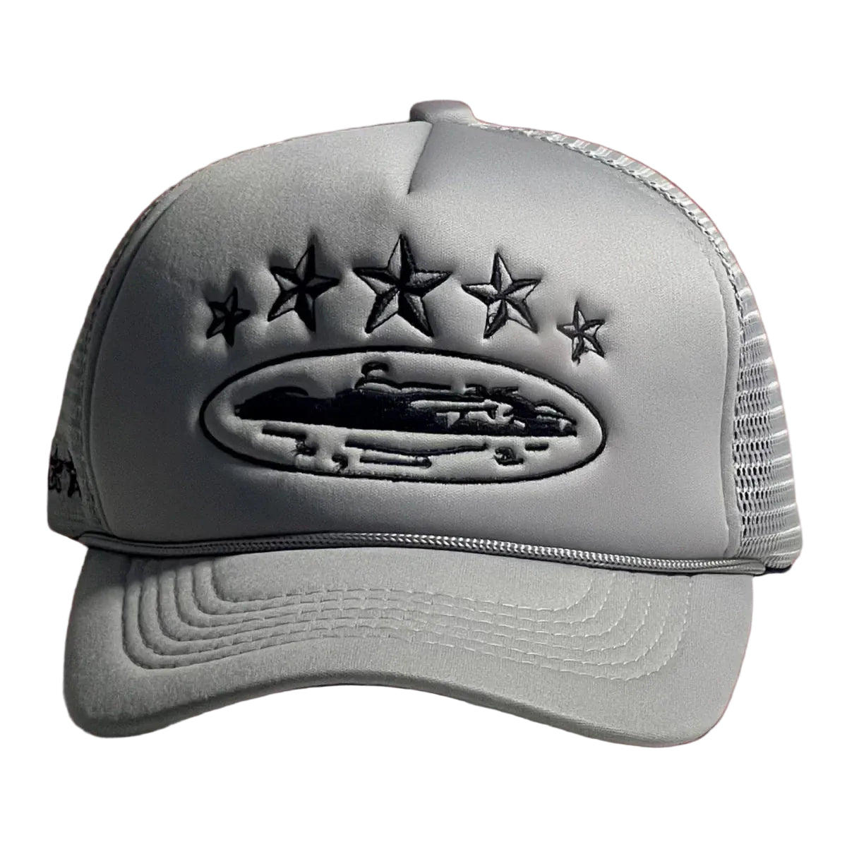 Corteiz Vintage Grey Trucker Hat with Black Stars and Cruise Ship Graphic