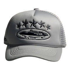Corteiz Vintage Grey Trucker Hat with Black Stars and Cruise Ship Graphic
