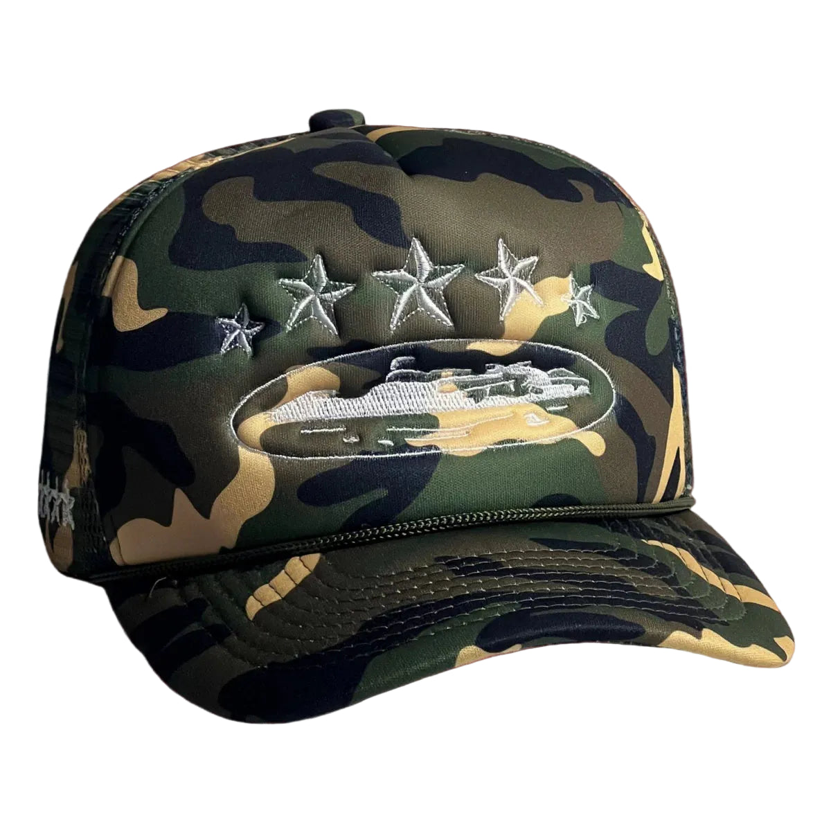 Corteiz Vintage Camo Trucker Hat with White Stars and Cruise Ship Graphic