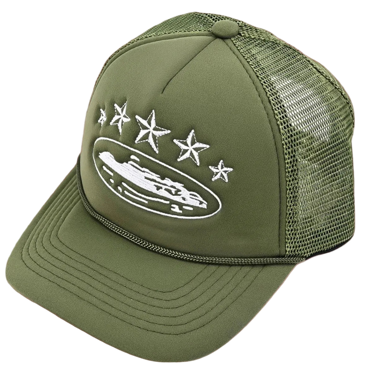 Corteiz Vintage Olive Green Trucker Hat with White Stars and Cruise Ship Graphic