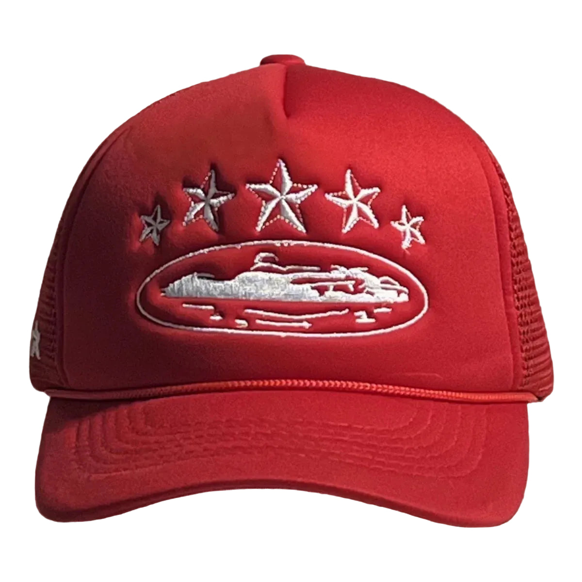 Corteiz Vintage Red Trucker Hat with White Stars and Cruise Ship Graphic