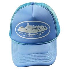 Cortiez Bold White Oval Ship Logo Trucker Hat - Light Blue