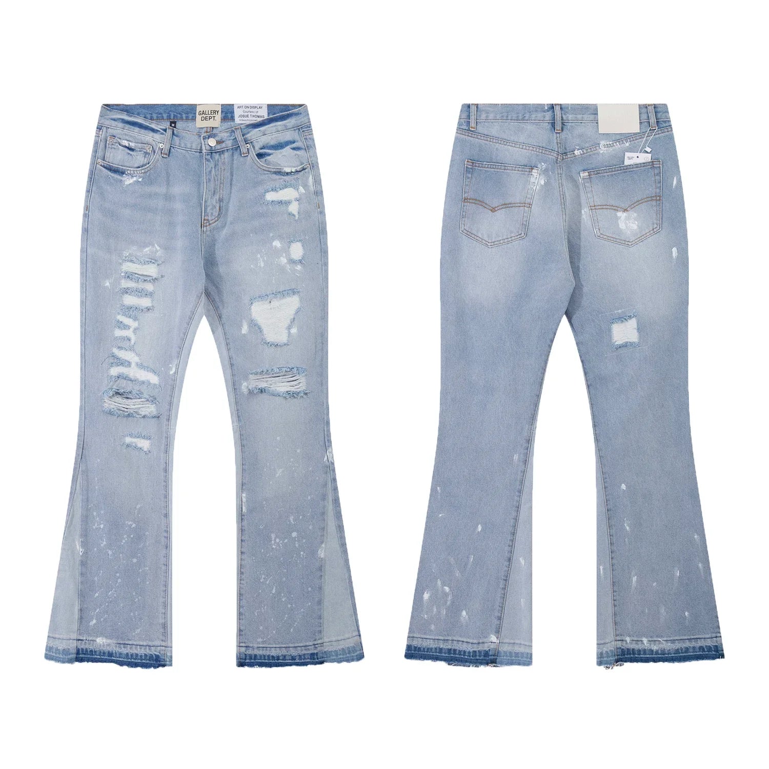 Gallery Dept Light‑Wash Ripped Paint‑Speck Flare Jeans