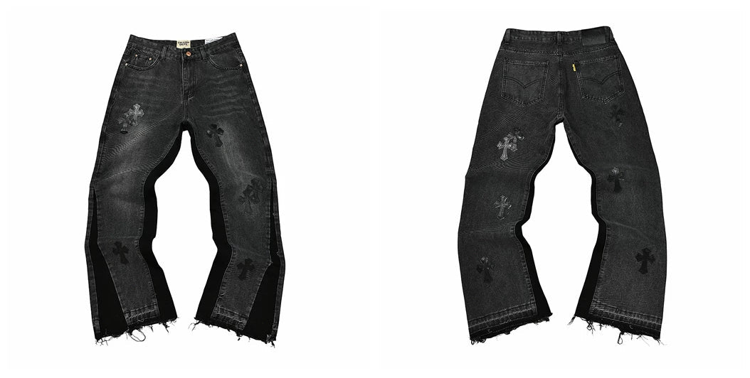 Gallery Dept Black Cross Embroidered Distressed Jeans