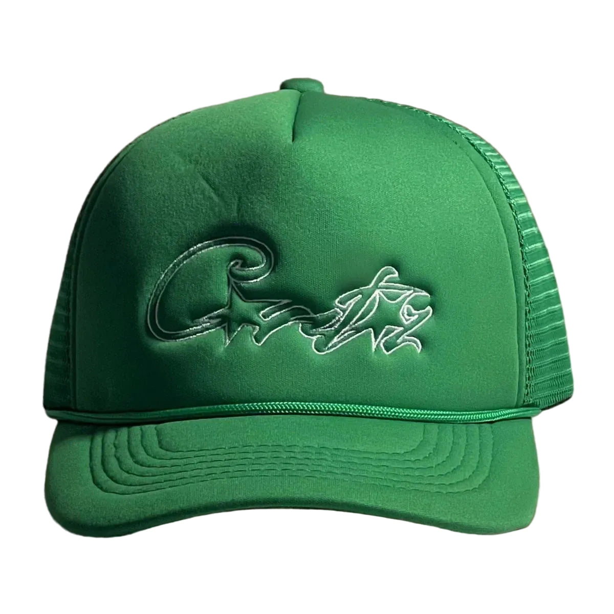 Corteiz Vintage Green Trucker Hat with White Script and Star Graphic
