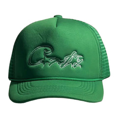 Corteiz Vintage Green Trucker Hat with White Script and Star Graphic