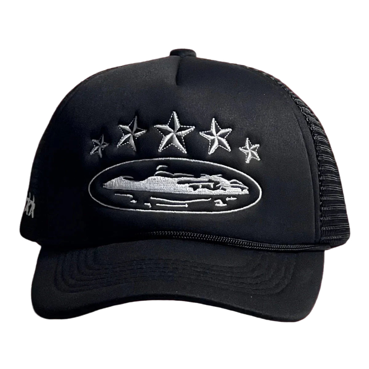 Vintage Black Trucker Hat with Silver Stars and Cruise Ship Graphic