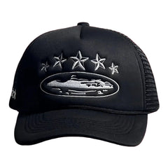 Vintage Black Trucker Hat with Silver Stars and Cruise Ship Graphic