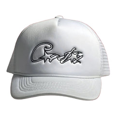 Corteiz Vintage White Trucker Hat with Black Script and Star Graphic
