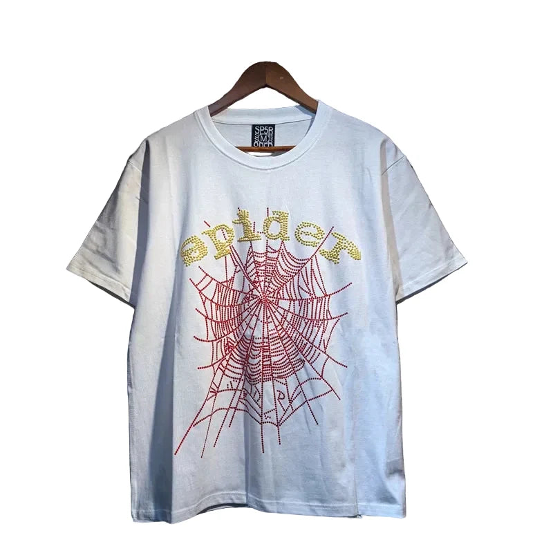 Sp5der European and American high street hip-hop trend brand unisex creative print summer loose cotton short sleeved T-shirt fog (28)