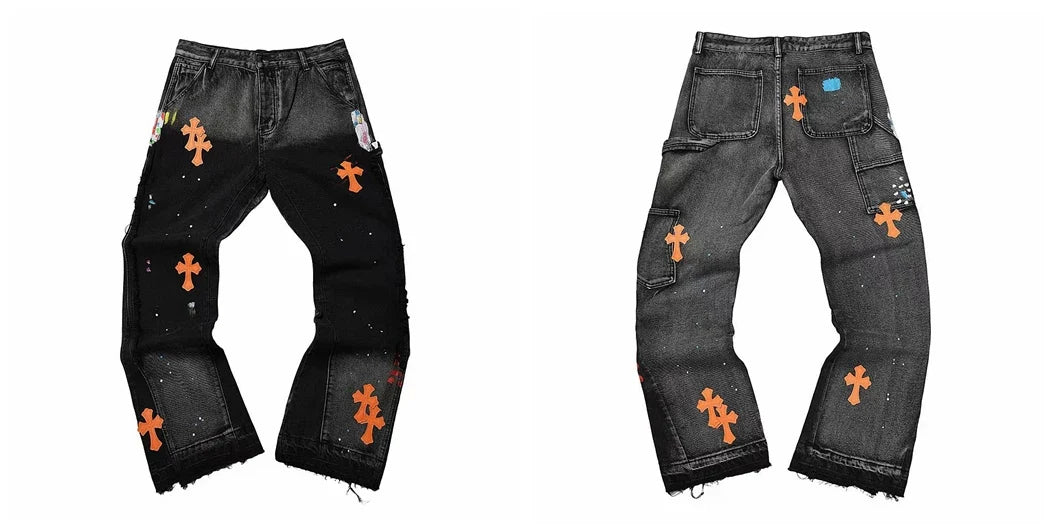 Gallery Dept Black Orange Cross Embroidered Jeans