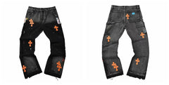 Gallery Dept Black Orange Cross Embroidered Jeans