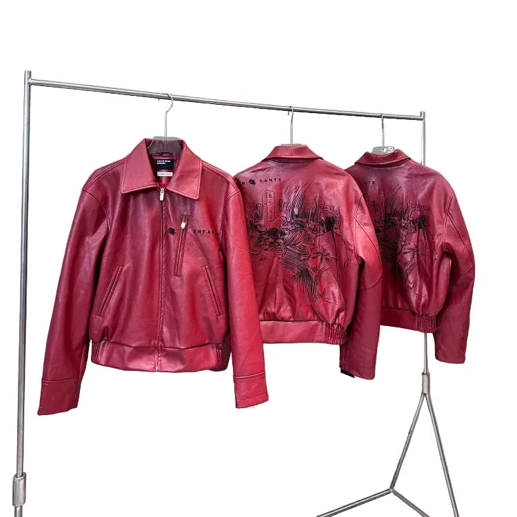 ERD melancholy rich second generation custom dyed PU lambskin loose silhouette short style big smoke embroidered leather jacket coat