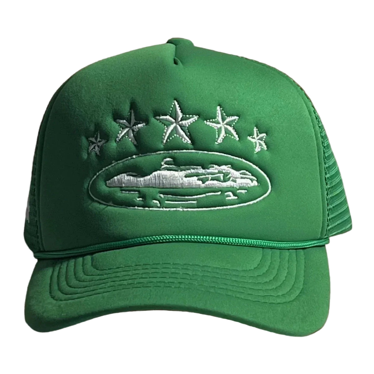 Corteiz Vintage Green Trucker Hat with White Stars and Cruise Ship Graphic